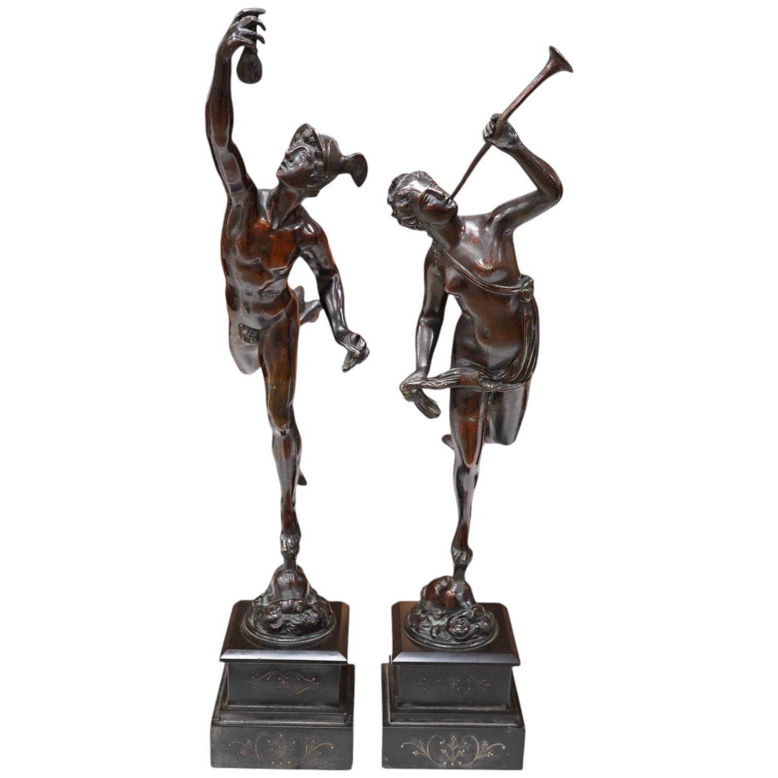 After the Antique, a pair of late 19th century bronze figures of Mercury and Fortune, each mounted on a black slate socle, with incised decoration, 51cm high. Condition - Mercury has his sceptre missing and Pheme has a b